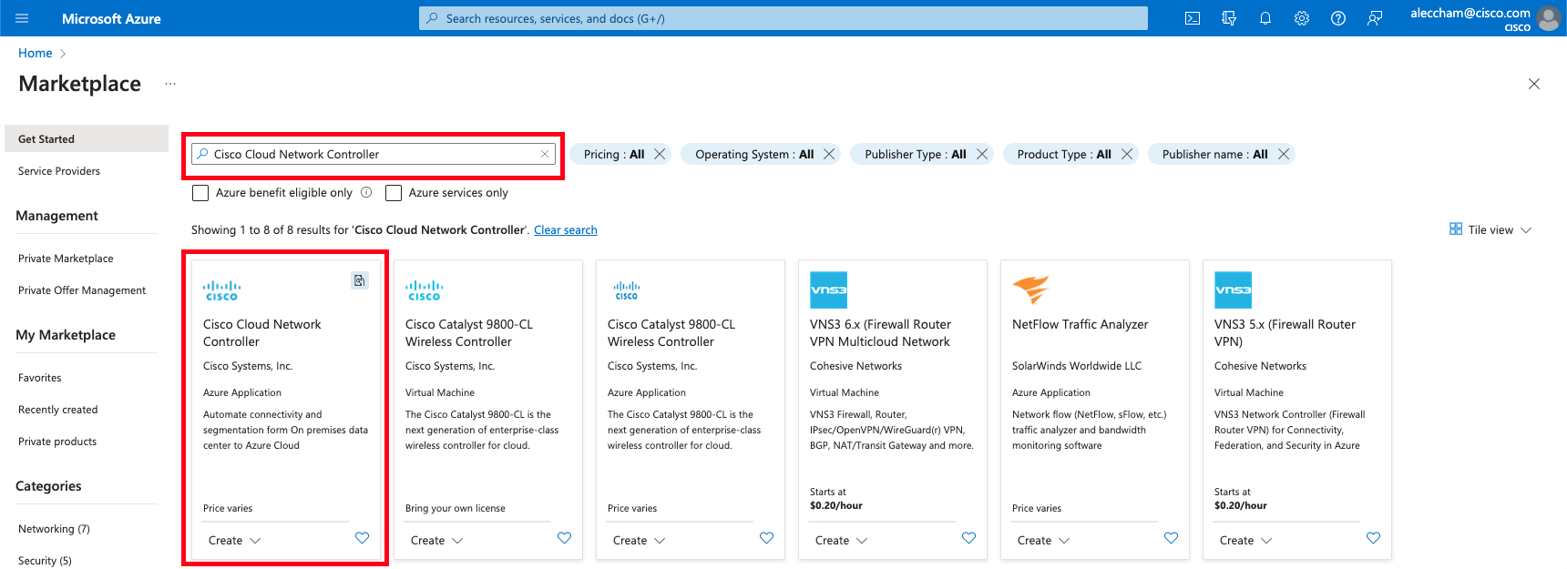 Search and navigate to CNC in Azure Marketplace