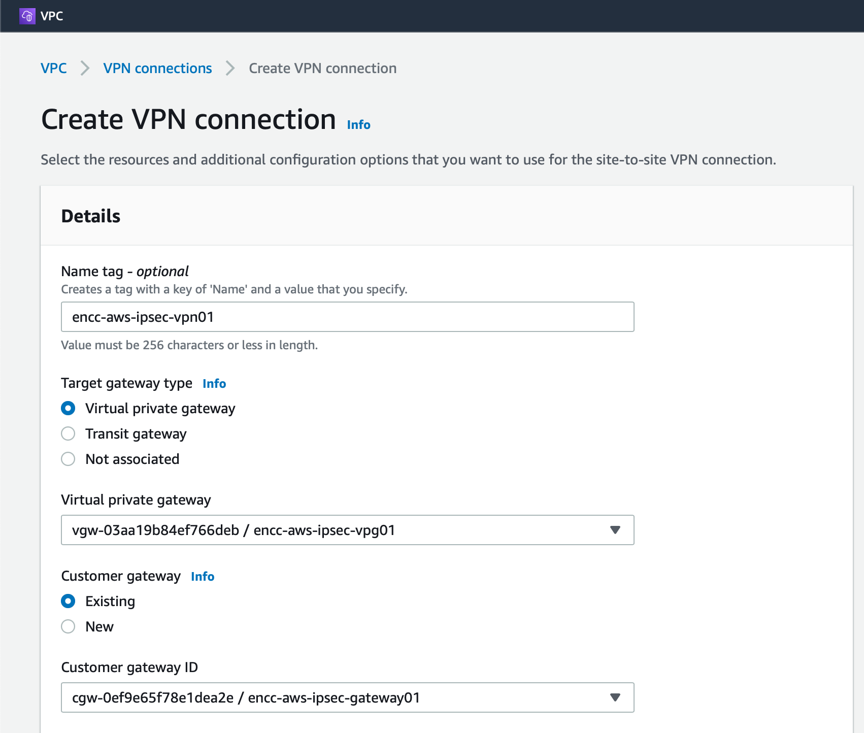 Create VPN connection window