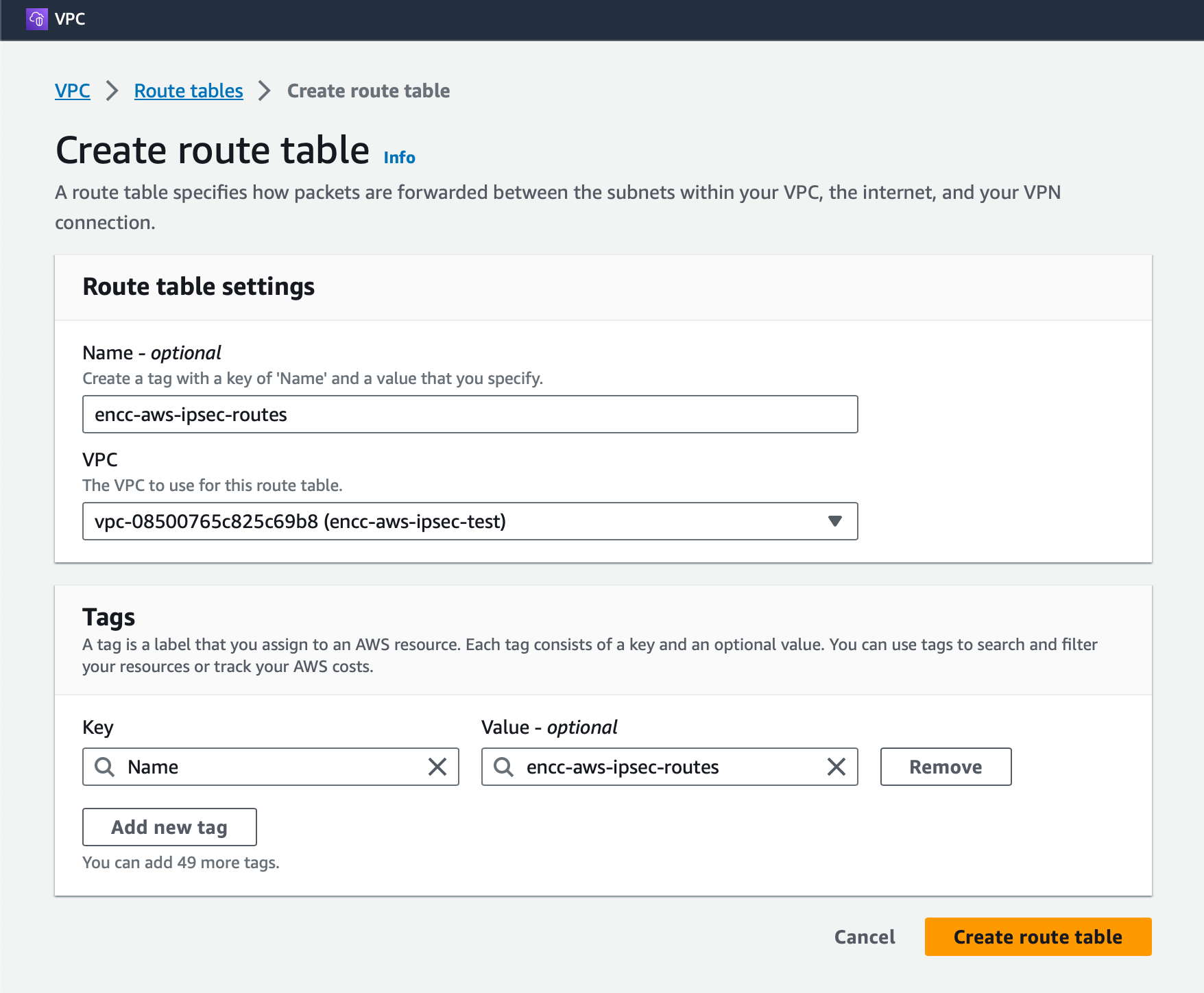 Creating the route table