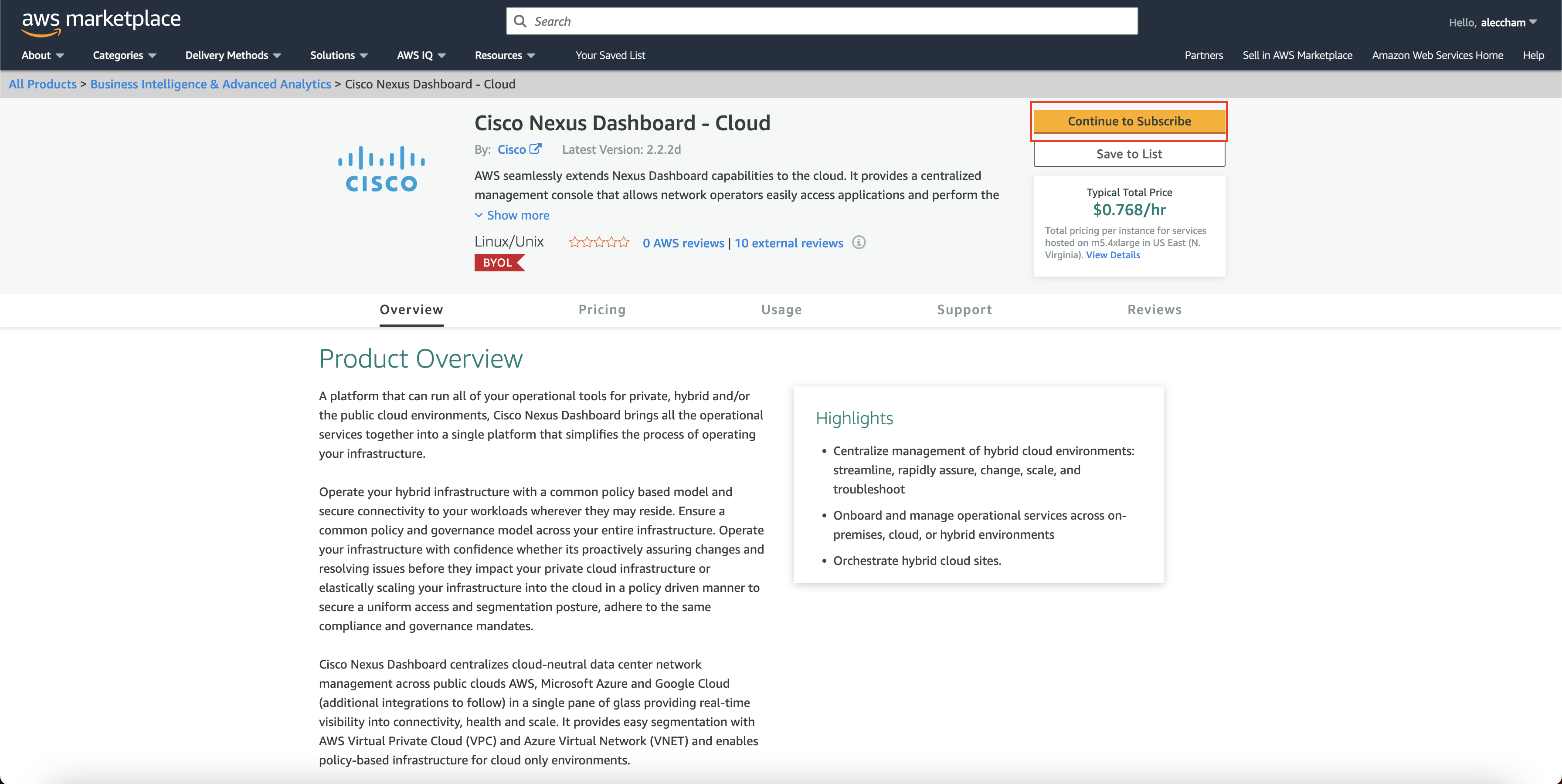 AWS Nexus Dashboard Marketplace subscription to ND