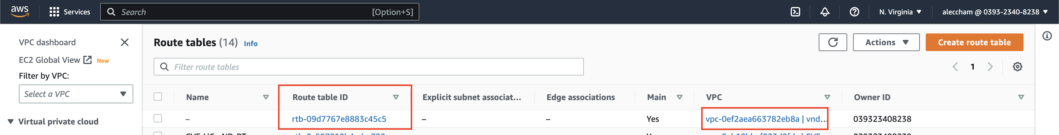 Find the assocatied Route Table for that created VPC