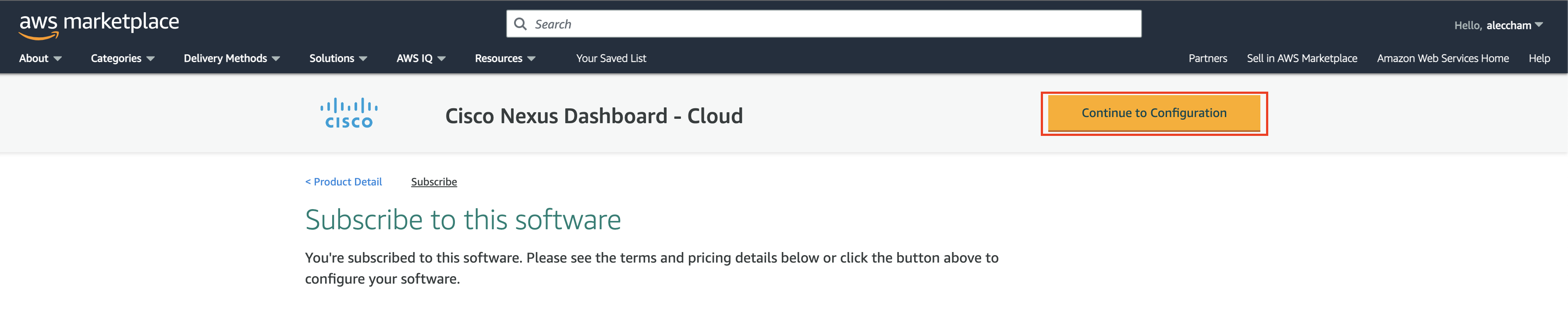 AWS Nexus Dashboard Marketplace continueing to configuration of CloudFormation template