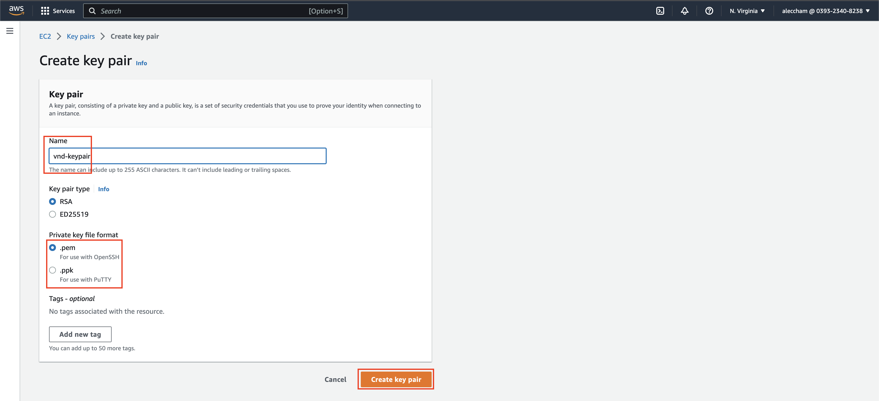 Name the keypair and choose the format for your SSH session