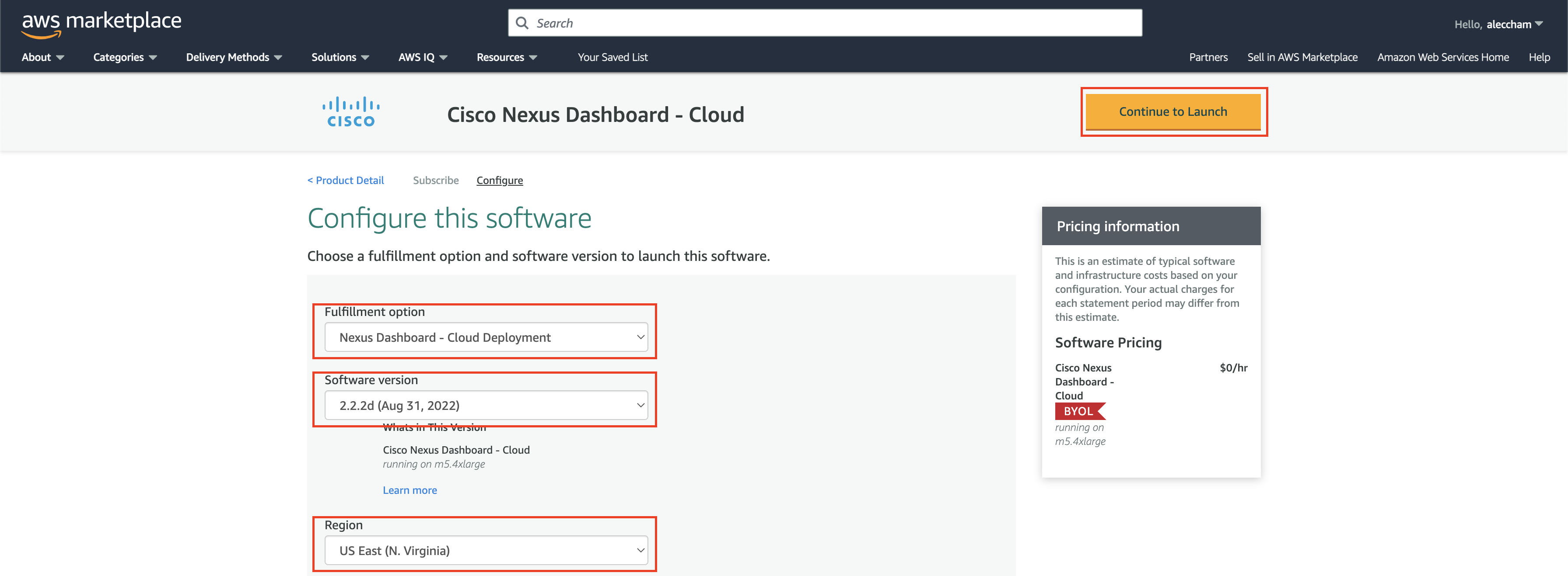 AWS Nexus Dashboard Marketplace choosing Software version and AWS Region